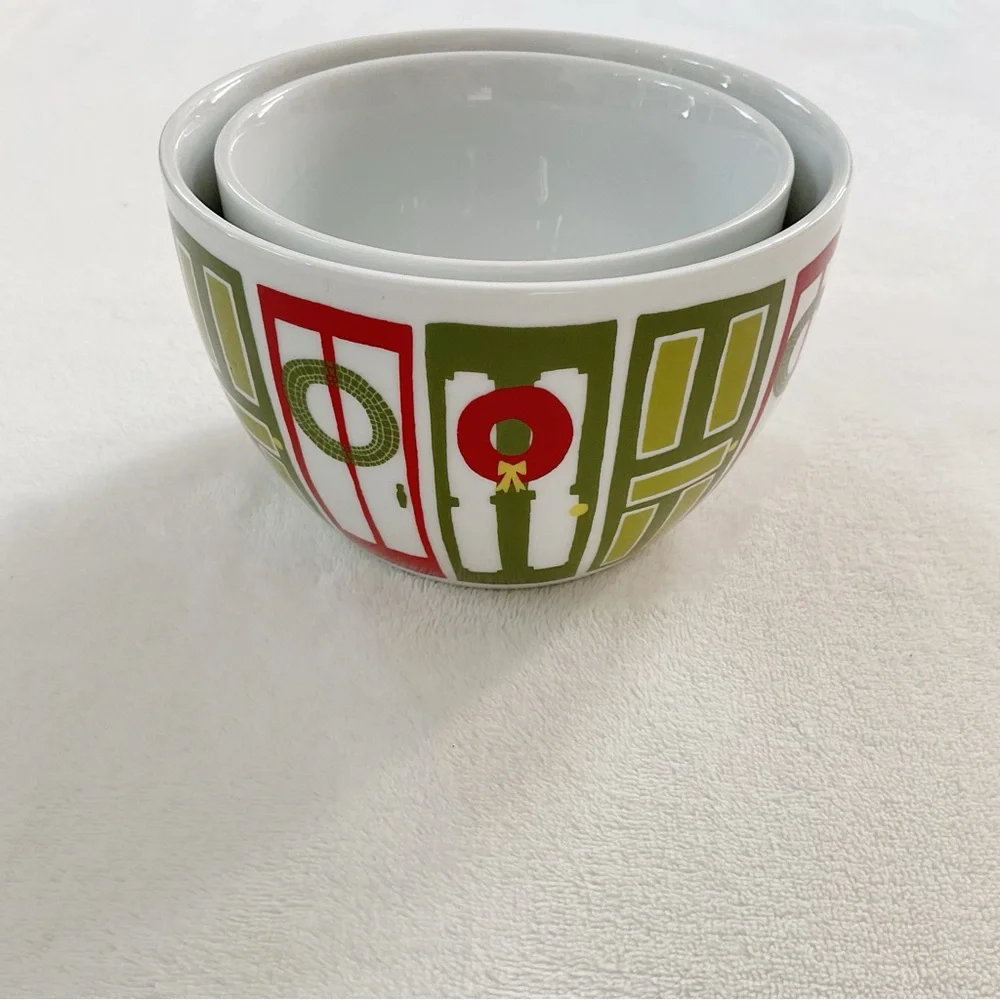 Crate & Barrel Julia Rothman Yule Town Nesting Bowls Set of 2 Christmas Holiday